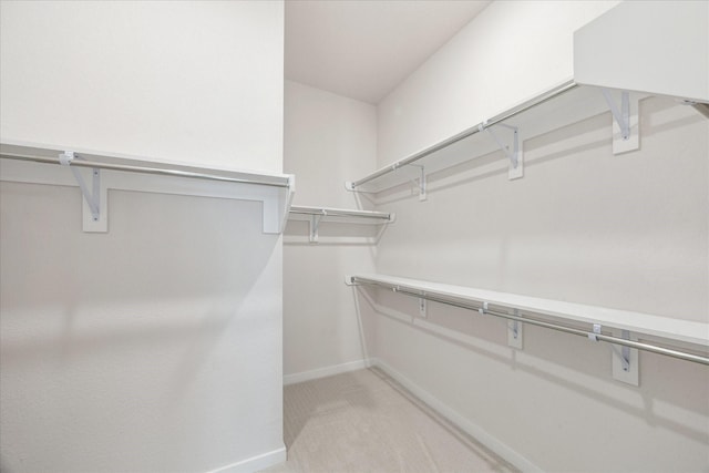 walk in closet featuring light colored carpet