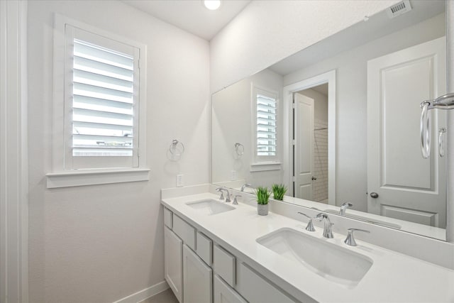 bathroom with double vanity, baseboards, visible vents, and a sink