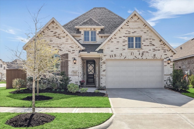 view of front of house with driveway, roof with shingles, a front lawn, a garage, and brick siding