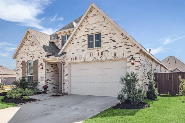 view of front facade featuring stone siding, brick siding, concrete driveway, and fence