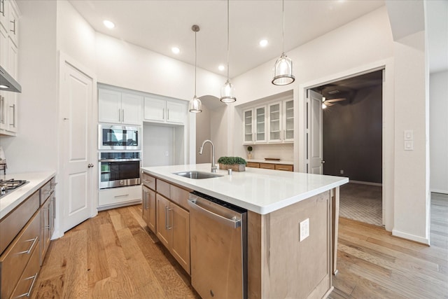 kitchen featuring light wood finished floors, appliances with stainless steel finishes, glass insert cabinets, and a sink