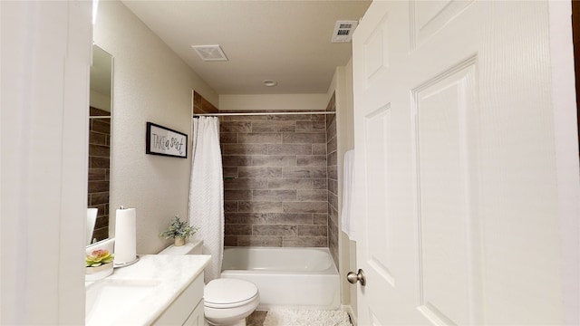 full bath featuring visible vents, toilet, vanity, and shower / bathtub combination with curtain