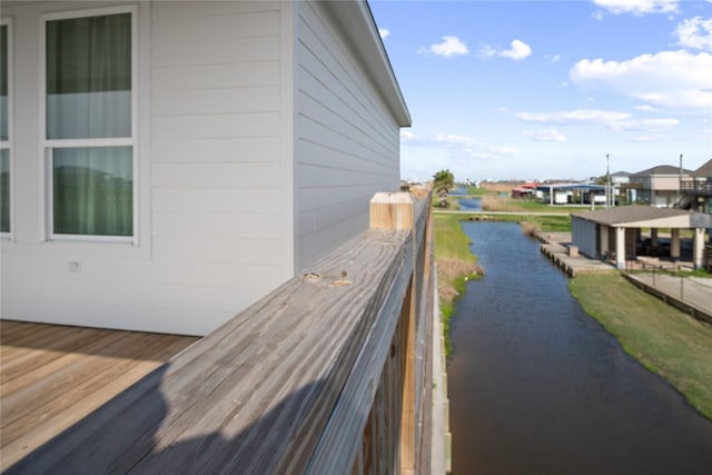 exterior space with a water view