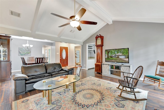 living area featuring dark wood finished floors, visible vents, lofted ceiling with beams, and ceiling fan