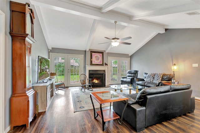 living area featuring a ceiling fan, lofted ceiling with beams, french doors, and dark wood finished floors