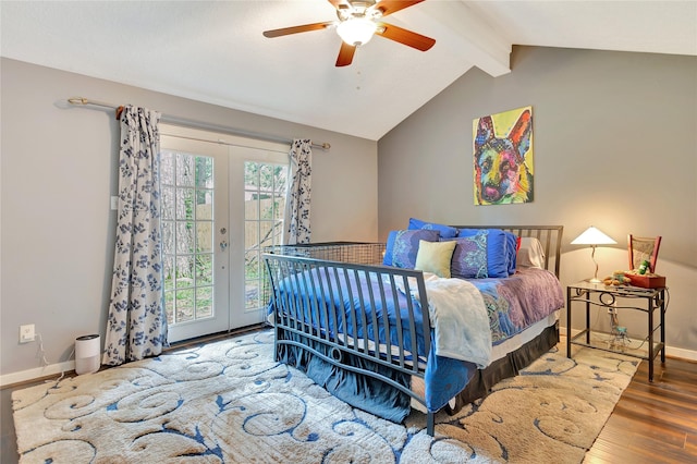 bedroom featuring wood finished floors, baseboards, vaulted ceiling with beams, french doors, and access to outside