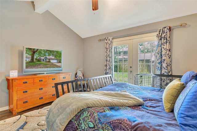 bedroom with wood finished floors, baseboards, lofted ceiling with beams, french doors, and access to outside