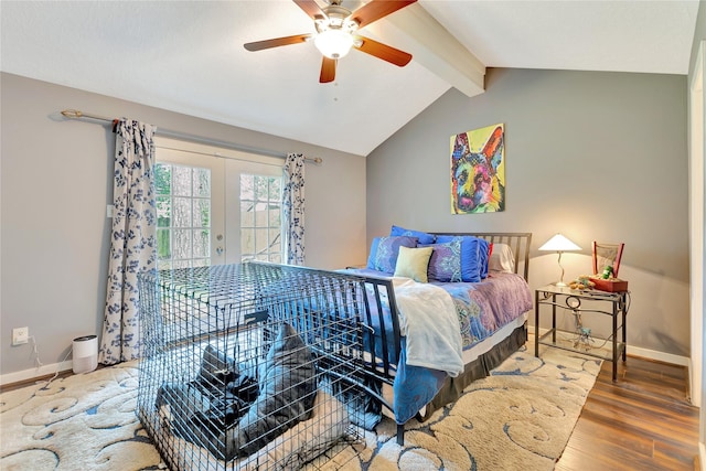 bedroom with wood finished floors, baseboards, lofted ceiling with beams, french doors, and access to outside