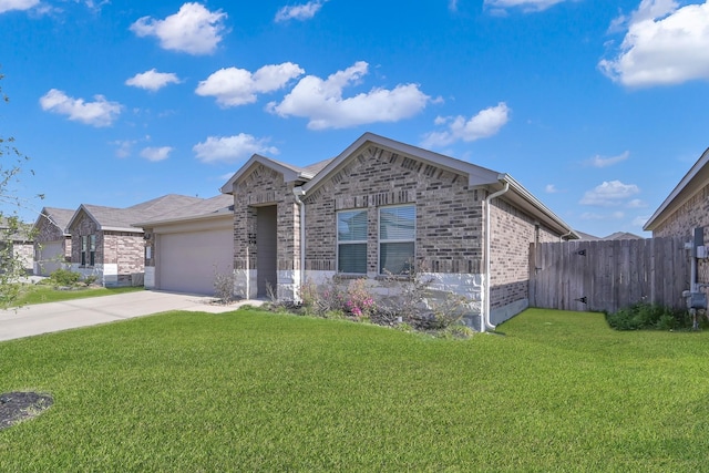 ranch-style house with brick siding, concrete driveway, a front lawn, and a garage