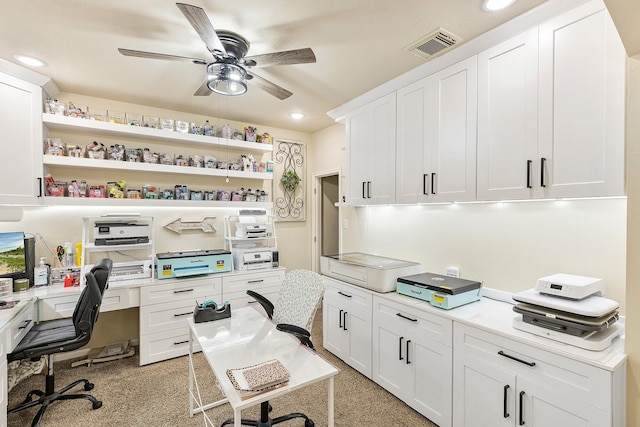 home office featuring recessed lighting, visible vents, and a ceiling fan