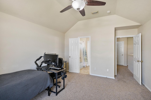 bedroom with visible vents, lofted ceiling, a ceiling fan, carpet floors, and baseboards