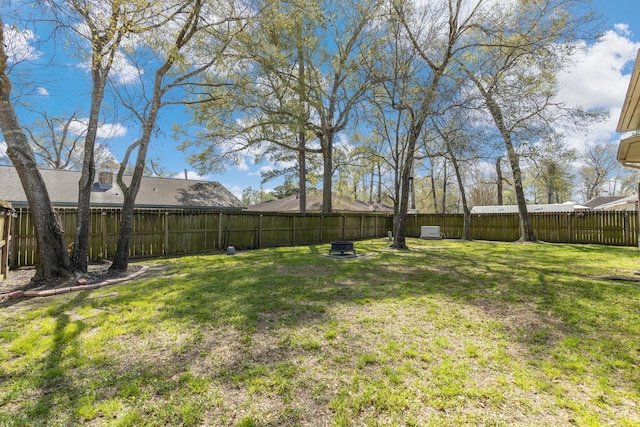 view of yard with an outdoor fire pit and a fenced backyard