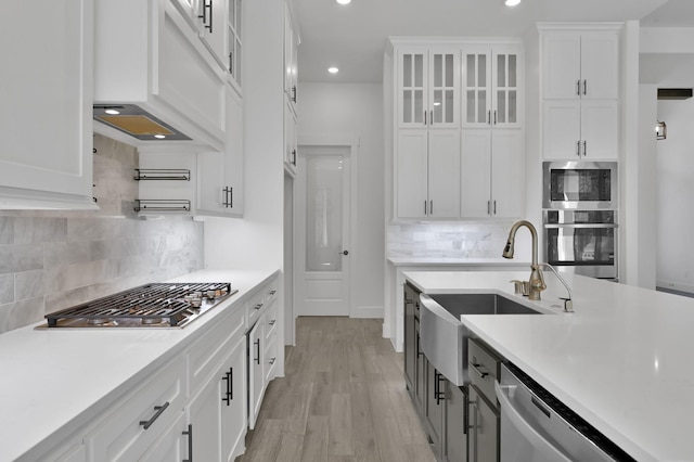 kitchen with a sink, white cabinetry, appliances with stainless steel finishes, and light countertops