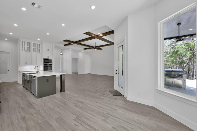 kitchen with a ceiling fan, a sink, light countertops, appliances with stainless steel finishes, and white cabinetry