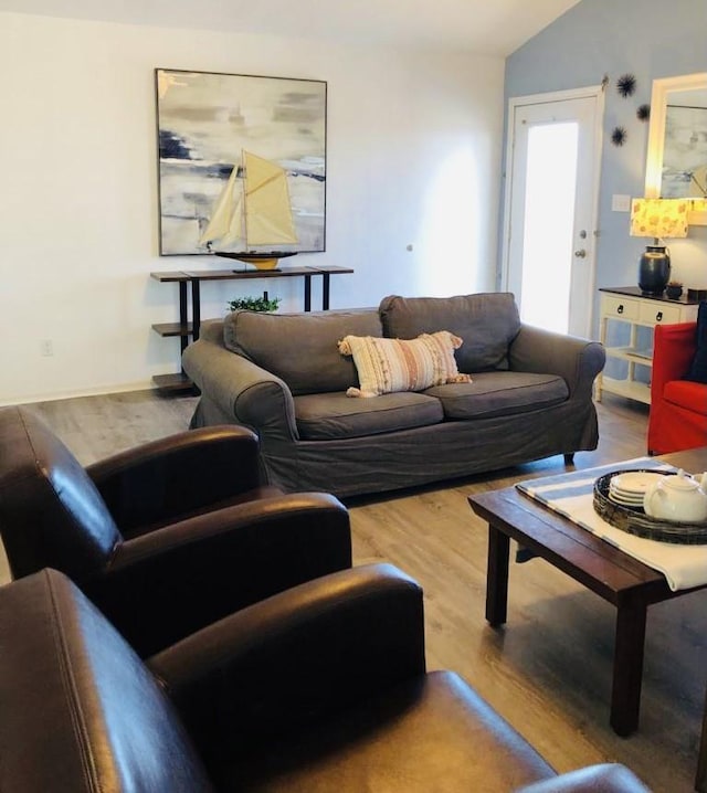 living area featuring lofted ceiling and wood finished floors