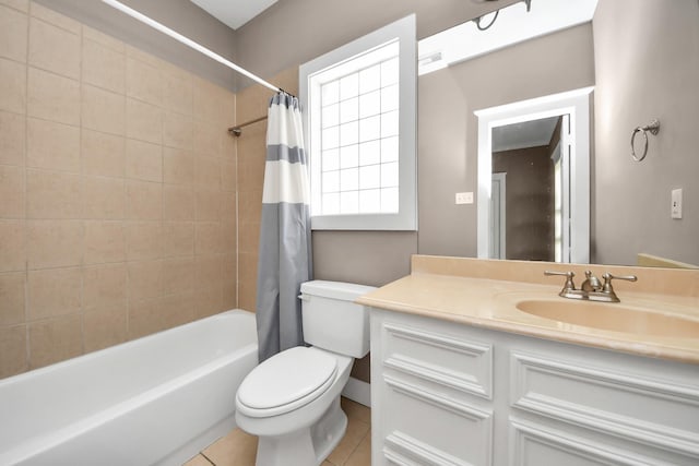 full bathroom featuring tile patterned flooring, shower / tub combo, toilet, and vanity