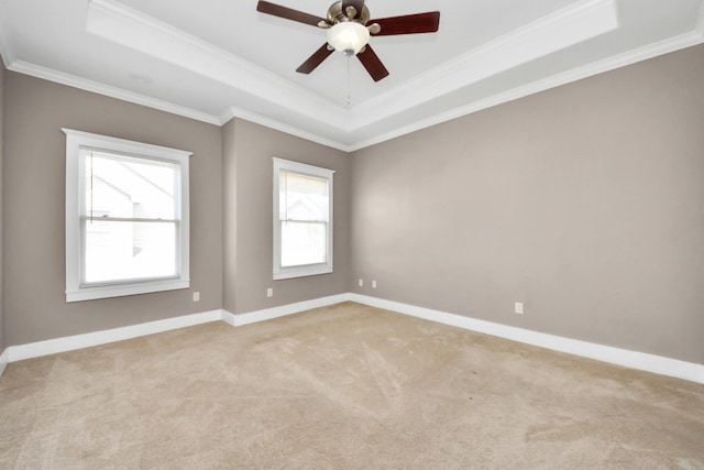 empty room with a raised ceiling, ornamental molding, and light carpet