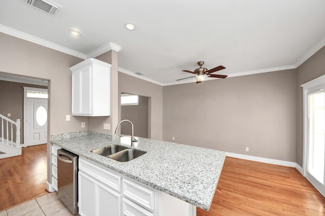 kitchen with visible vents, ceiling fan, ornamental molding, a sink, and stainless steel dishwasher