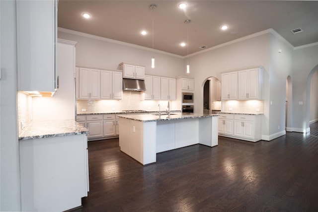 kitchen with visible vents, under cabinet range hood, dark wood finished floors, arched walkways, and appliances with stainless steel finishes