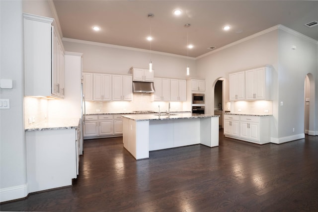 kitchen featuring an island with sink, appliances with stainless steel finishes, arched walkways, and under cabinet range hood