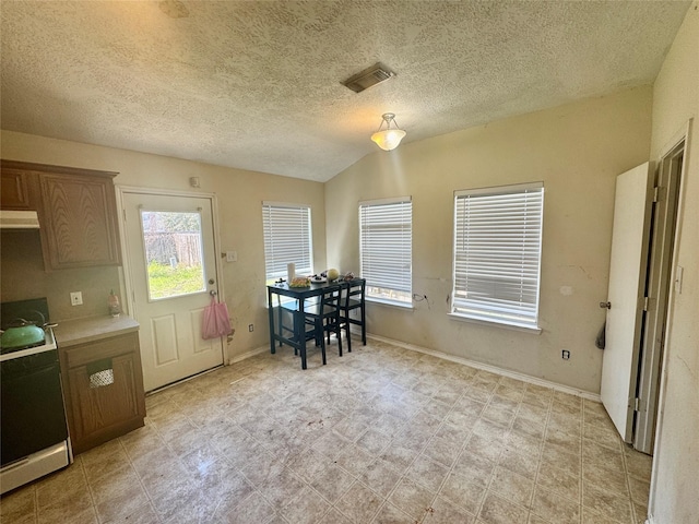 dining space featuring visible vents, lofted ceiling, a textured ceiling, and baseboards