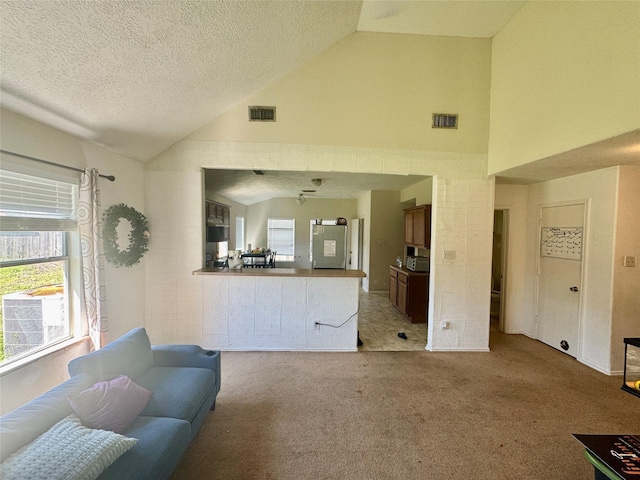 carpeted living area with high vaulted ceiling, visible vents, and a textured ceiling