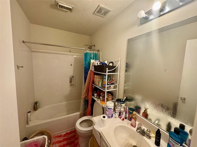 bathroom with vanity, visible vents, shower / bath combo, a textured ceiling, and toilet