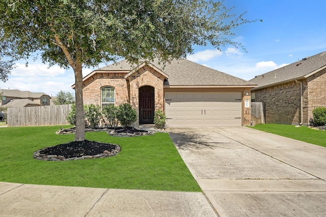 view of front facade featuring brick siding, a front lawn, fence, concrete driveway, and roof with shingles