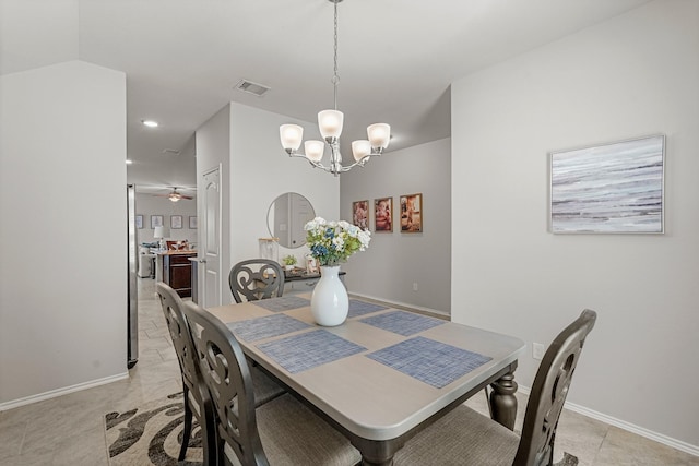 dining space with recessed lighting, visible vents, baseboards, and ceiling fan with notable chandelier