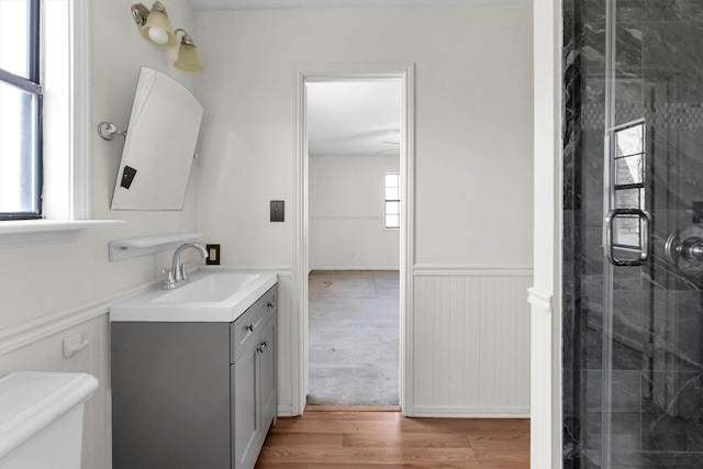 bathroom with a shower stall, toilet, wainscoting, wood finished floors, and vanity