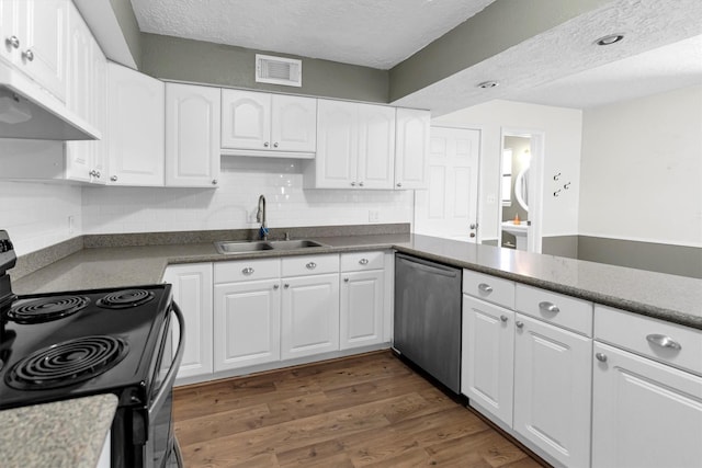 kitchen featuring visible vents, a sink, under cabinet range hood, stainless steel dishwasher, and black range with electric cooktop