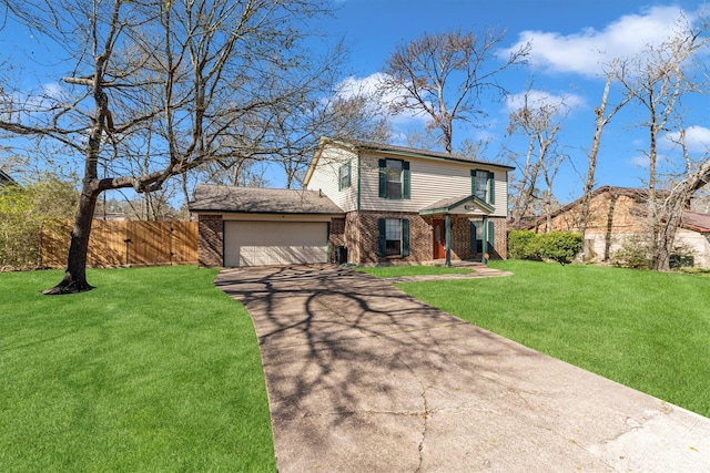 view of front of property with fence, driveway, an attached garage, a front lawn, and brick siding