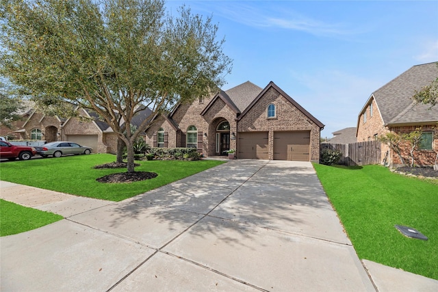 french country style house featuring brick siding, a front lawn, fence, roof with shingles, and driveway