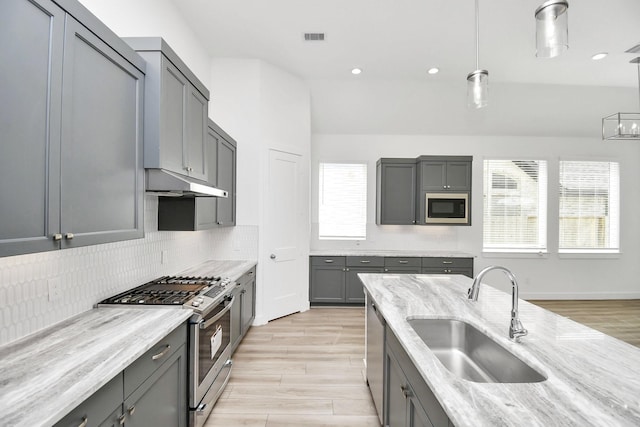 kitchen featuring light stone counters, a sink, stainless steel appliances, under cabinet range hood, and tasteful backsplash