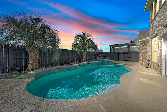 pool at dusk with a patio area, a fenced in pool, and a fenced backyard