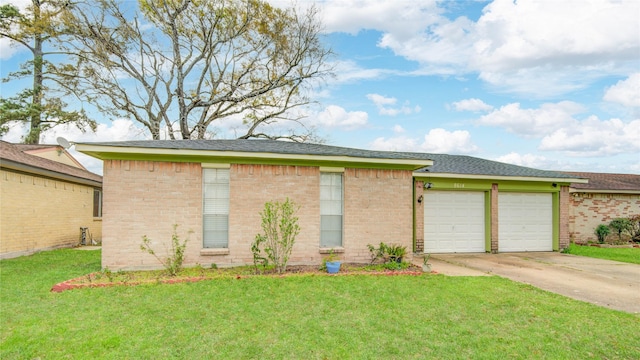 ranch-style house with brick siding, a front lawn, concrete driveway, and a garage