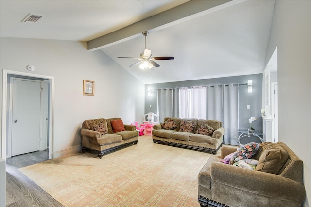 living room featuring lofted ceiling with beams, a ceiling fan, visible vents, and baseboards
