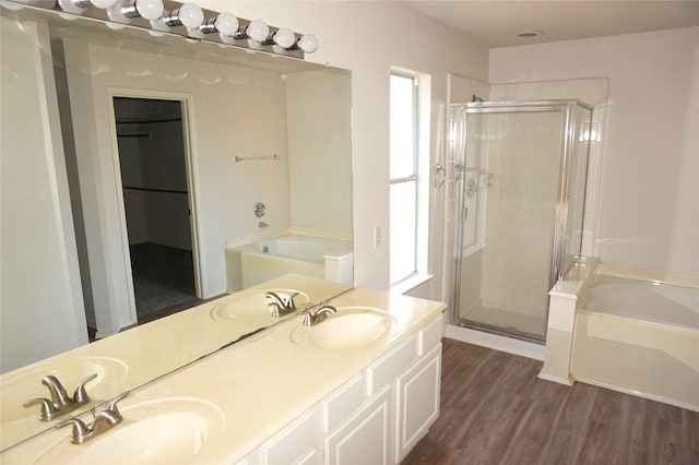 bathroom with a sink, a garden tub, and wood finished floors