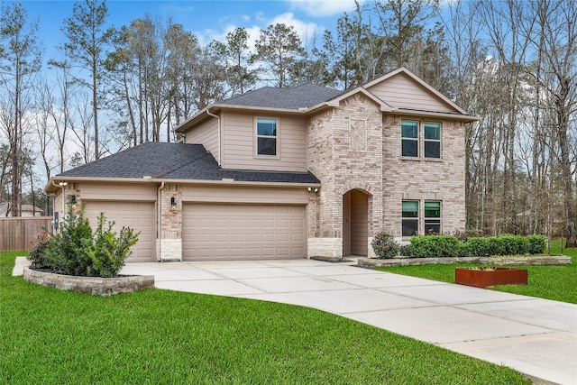 traditional home featuring a front lawn, fence, concrete driveway, a shingled roof, and brick siding