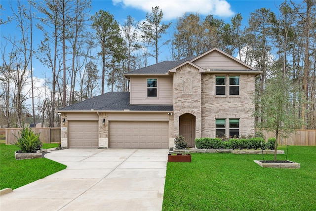 traditional-style home featuring concrete driveway, a front yard, and fence