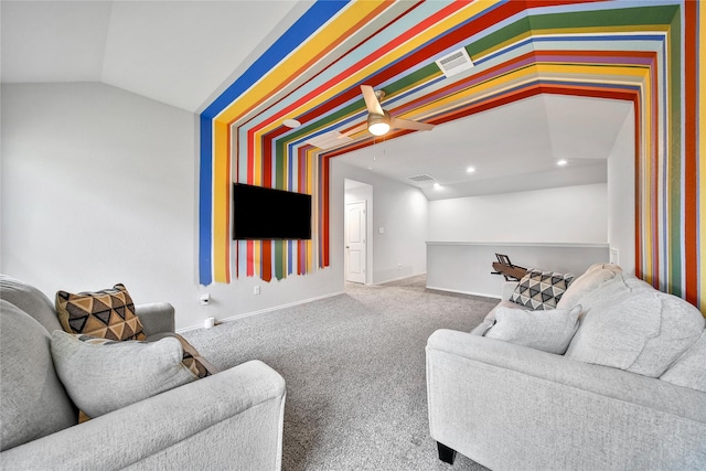 living room with visible vents, carpet flooring, baseboards, and lofted ceiling