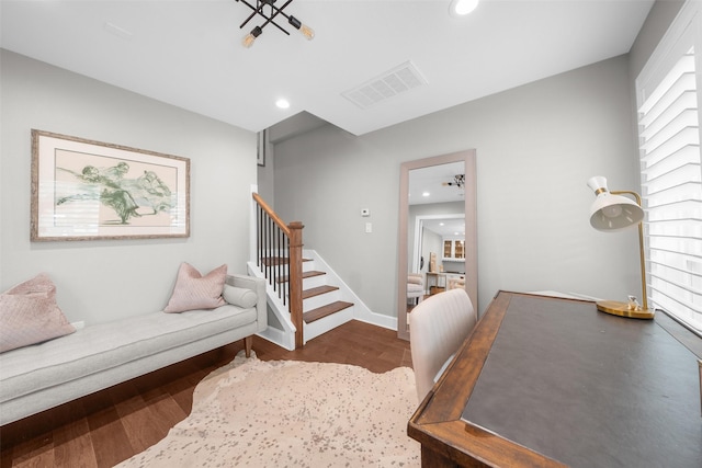 office area with recessed lighting, visible vents, baseboards, and wood finished floors