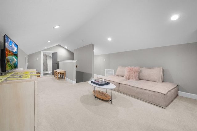 carpeted living room with lofted ceiling, recessed lighting, visible vents, and baseboards