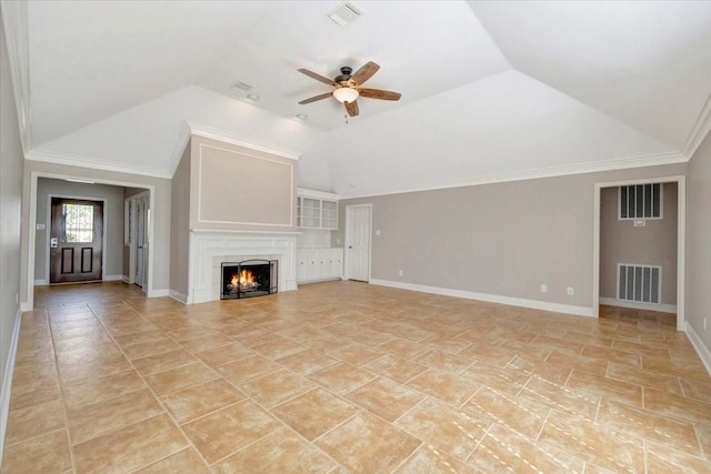 unfurnished living room with vaulted ceiling, a ceiling fan, and visible vents