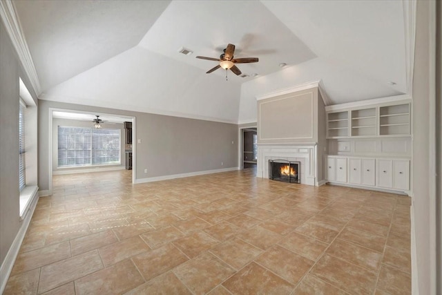 unfurnished living room featuring visible vents, baseboards, a lit fireplace, lofted ceiling, and a ceiling fan