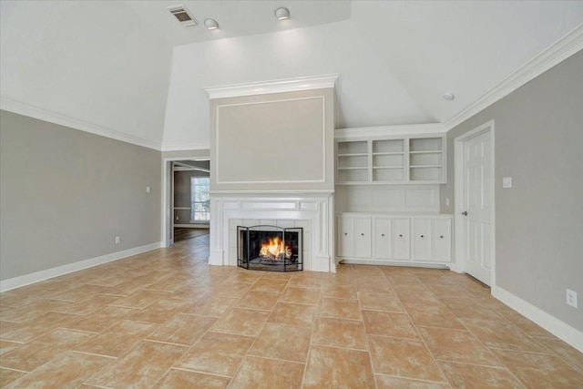 unfurnished living room with visible vents, baseboards, ornamental molding, a warm lit fireplace, and high vaulted ceiling