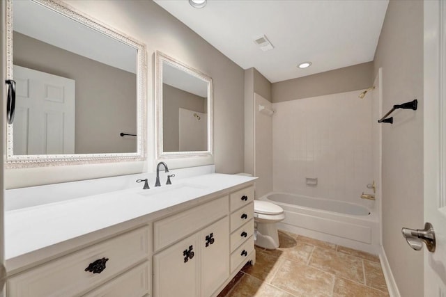 bathroom featuring visible vents, toilet, recessed lighting, bathing tub / shower combination, and vanity