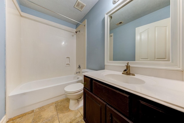bathroom with visible vents,  shower combination, toilet, and a textured ceiling