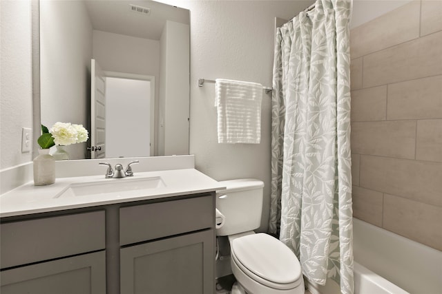 full bath with vanity, visible vents, shower / bath combination with curtain, toilet, and a textured wall