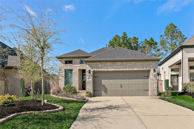 view of front of home featuring concrete driveway, an attached garage, brick siding, and roof with shingles